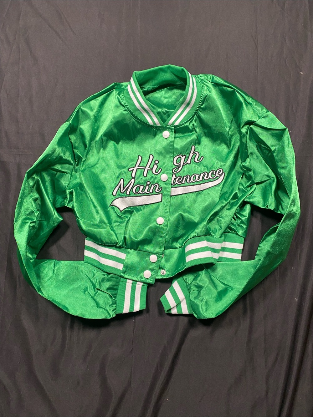 Green Satin 'High Maintenance' Bomber Jacket